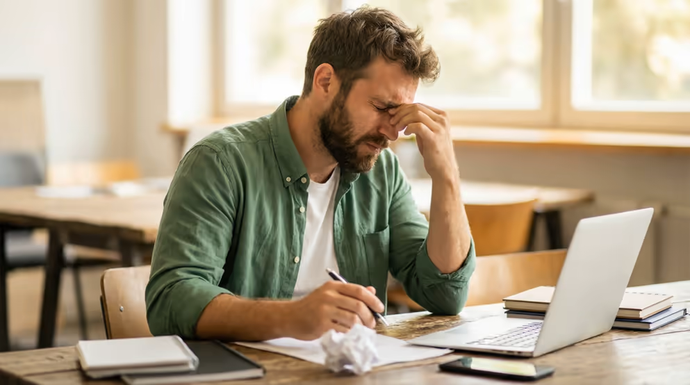 Homem cansado diante do computador — sintoma clássico da síndrome da visão do computador.