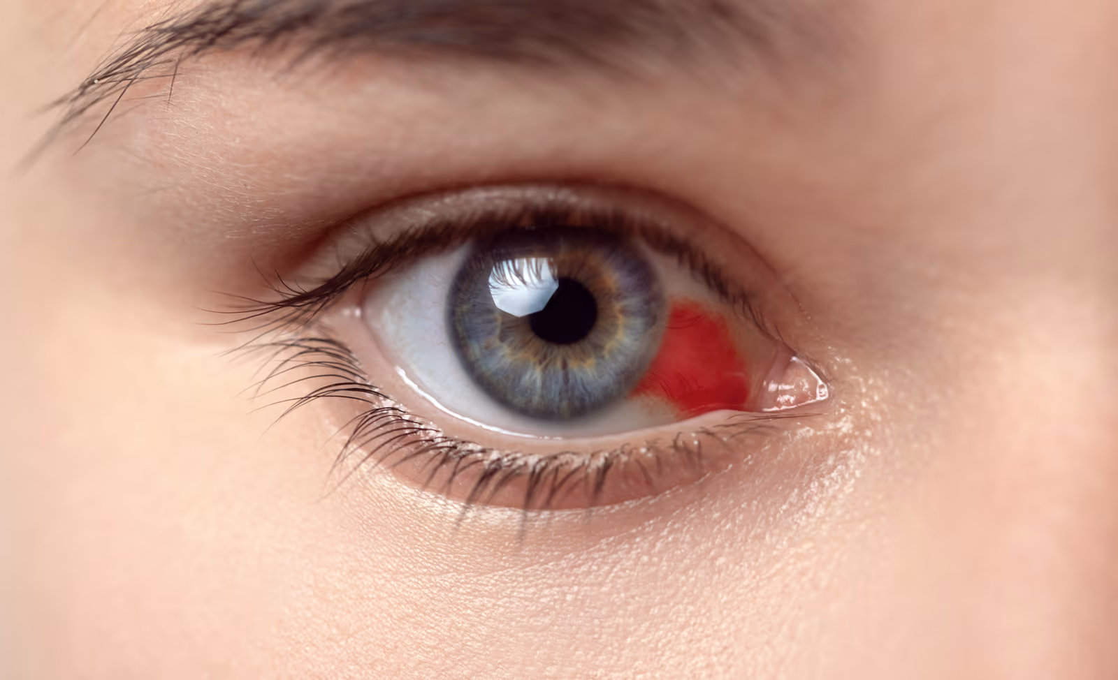 Close-up de olho com hiperemia conjuntival — sangramento e vermelhidão após trauma ocular.