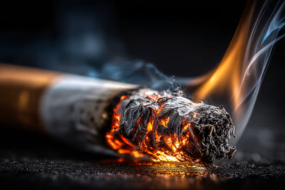 Close-up de um cigarro aceso com a brasa incandescente e a fumaça curvando — o tabagismo afeta diretamente a saúde ocular.