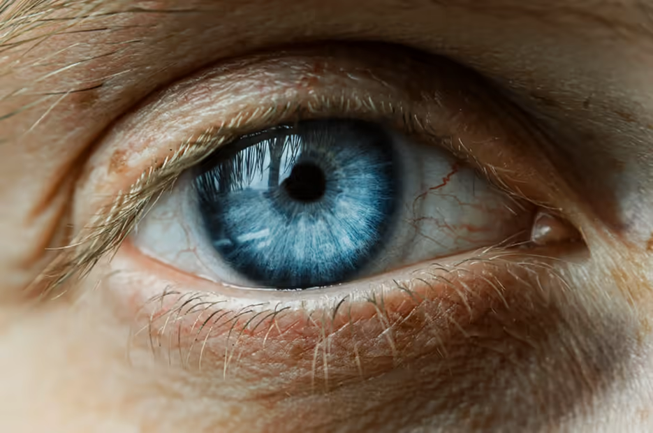 Close-up de um olho humano saudável — a córnea é o tecido que as lentes de contato tocam diretamente.