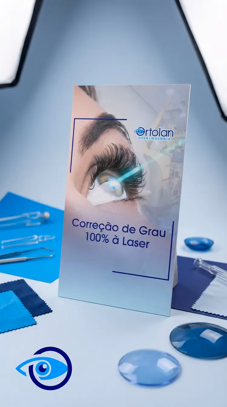 Banner vertical da Ortolan Oftalmologia — correção de grau com lentes especiais e logo da clínica.