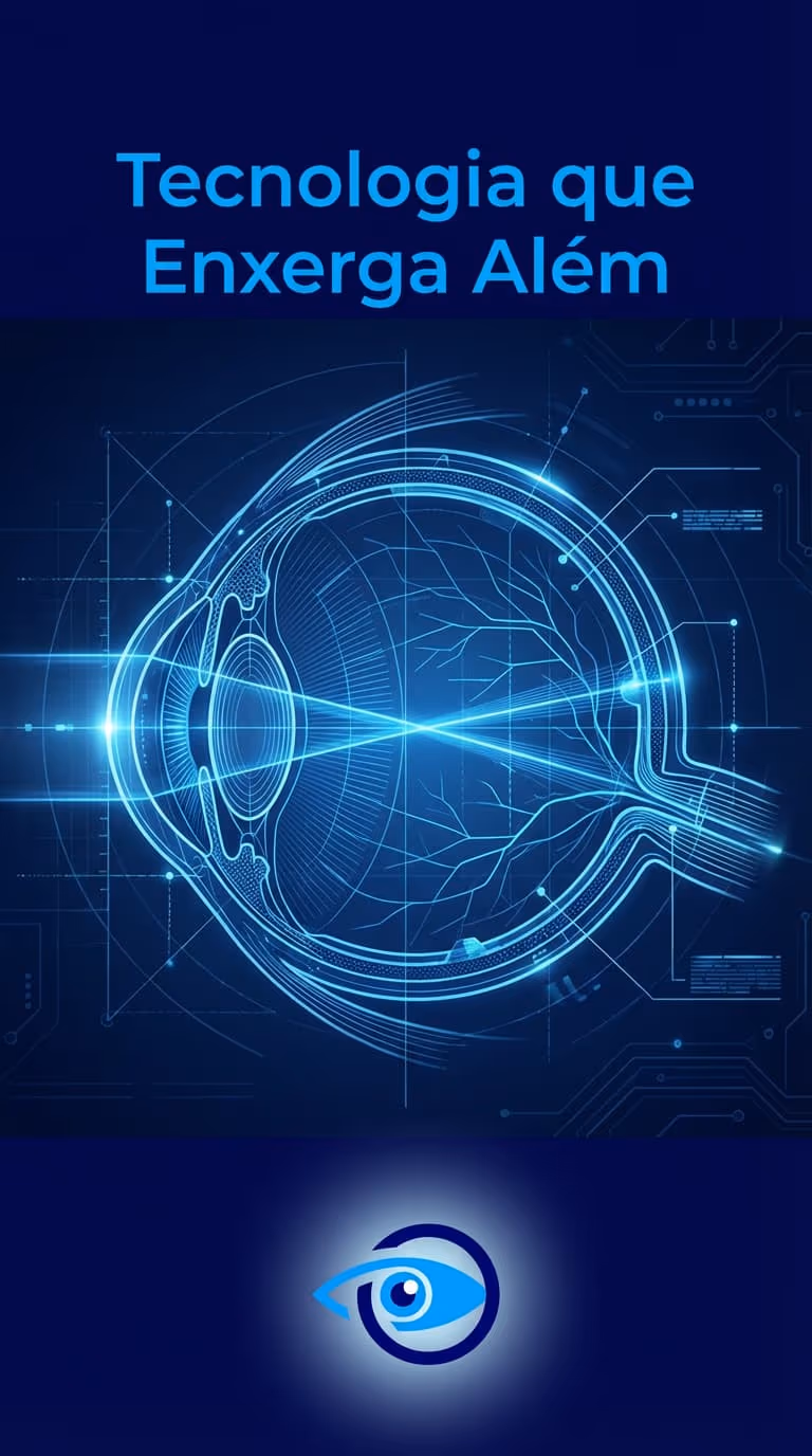 Banner ilustrativo da Ortolan Oftalmologia: mapeamento de um olho míope mostrando que os raios de luz cruzam no interior do olho antes de atingir a fóvea (centro da visão), fazendo com que a imagem fique desfocada.